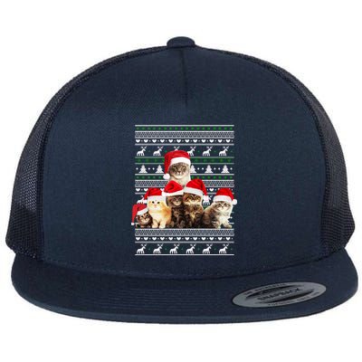 Family Of Kittens Ugly Christmas Sweater Flat Bill Trucker Hat