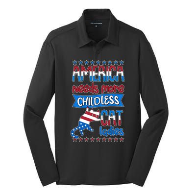 Funny America Needs More Childless Cat Ladies 2024 Election Silk Touch Performance Long Sleeve Polo