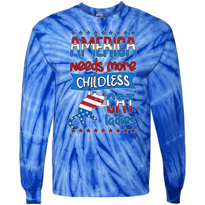 Funny America Needs More Childless Cat Ladies 2024 Election Tie-Dye Long Sleeve Shirt