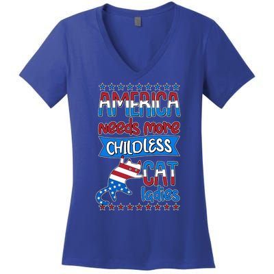 Funny America Needs More Childless Cat Ladies 2024 Election Women's V-Neck T-Shirt