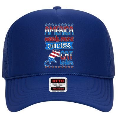 Funny America Needs More Childless Cat Ladies 2024 Election High Crown Mesh Back Trucker Hat