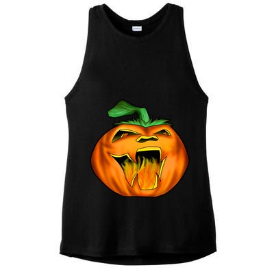 Fanged Fire Jack O' Lantern Pumpkin Halloween Ladies PosiCharge Tri-Blend Wicking Tank