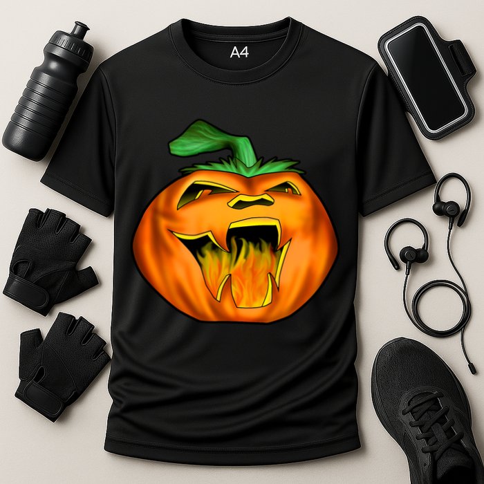 Fanged Fire Jack O' Lantern Pumpkin Halloween Cooling Performance Crew T-Shirt