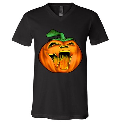 Fanged Fire Jack O' Lantern Pumpkin Halloween V-Neck T-Shirt