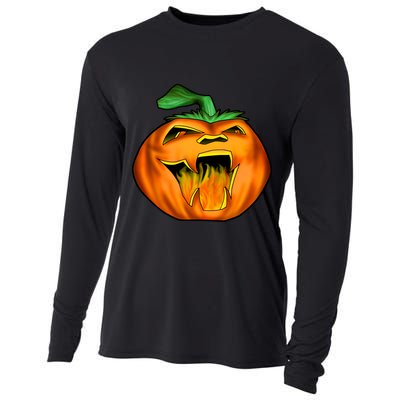 Fanged Fire Jack O' Lantern Pumpkin Halloween Cooling Performance Long Sleeve Crew