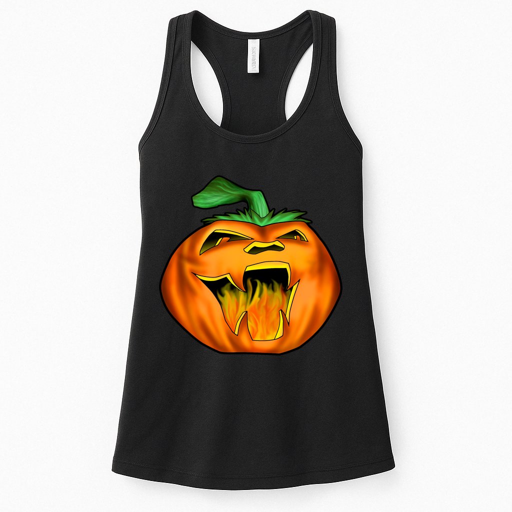 Fanged Fire Jack O' Lantern Pumpkin Halloween Womens Tank Top
