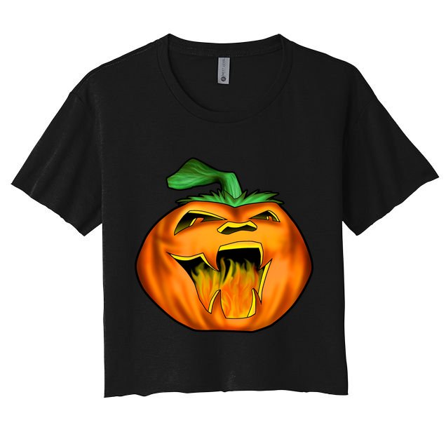 Fanged Fire Jack O' Lantern Pumpkin Halloween Crop Top