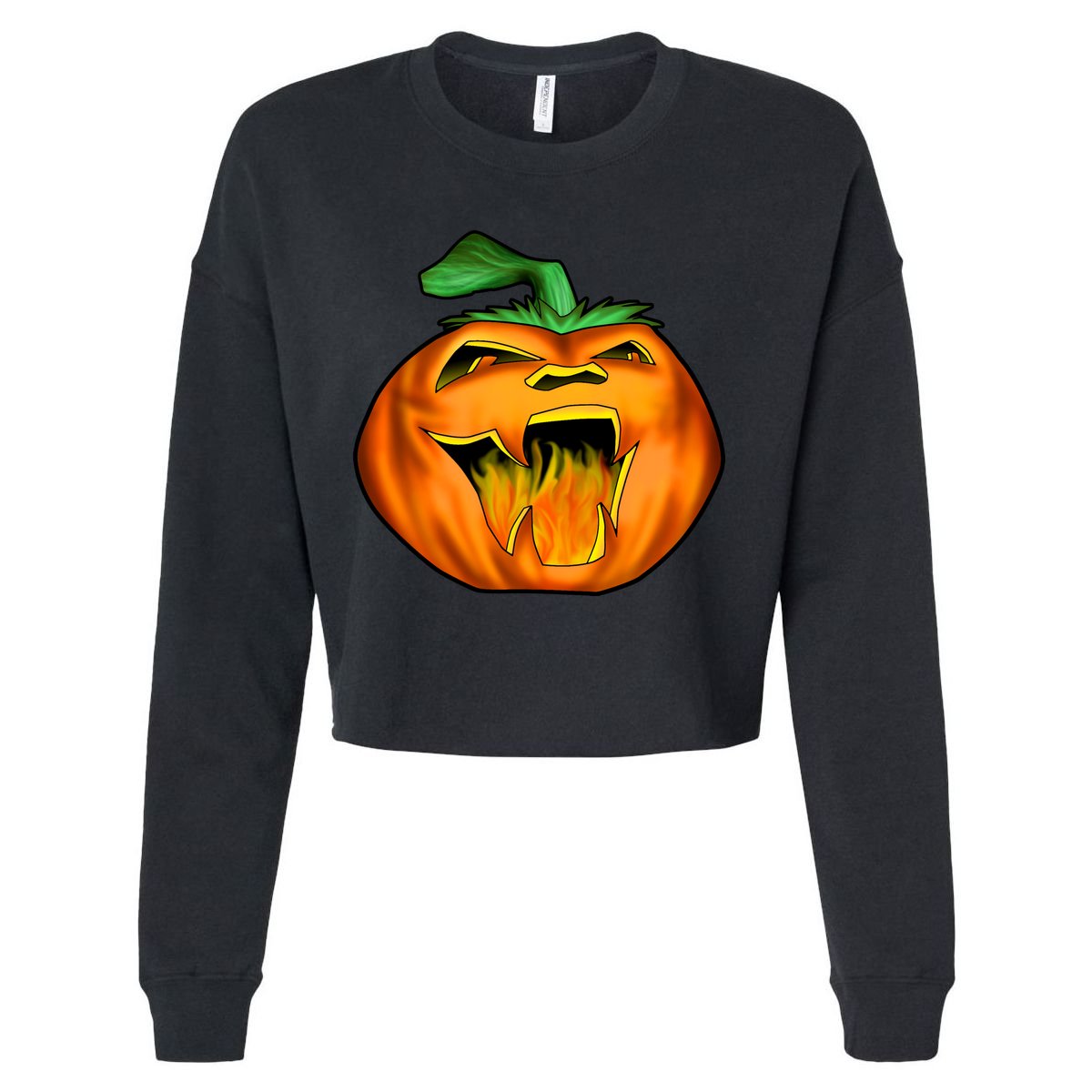 Fanged Fire Jack O' Lantern Pumpkin Halloween Cropped Pullover Crew