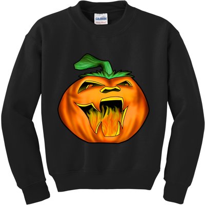 Fanged Fire Jack O' Lantern Pumpkin Halloween Kids Sweatshirt