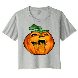 Fanged Fire Jack O' Lantern Pumpkin Halloween Women's Crop Top Tee