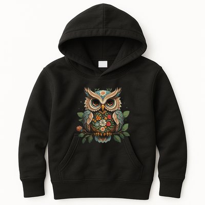 Floral Aesthetic Owl For Cottagecore Owl Kids Hoodie