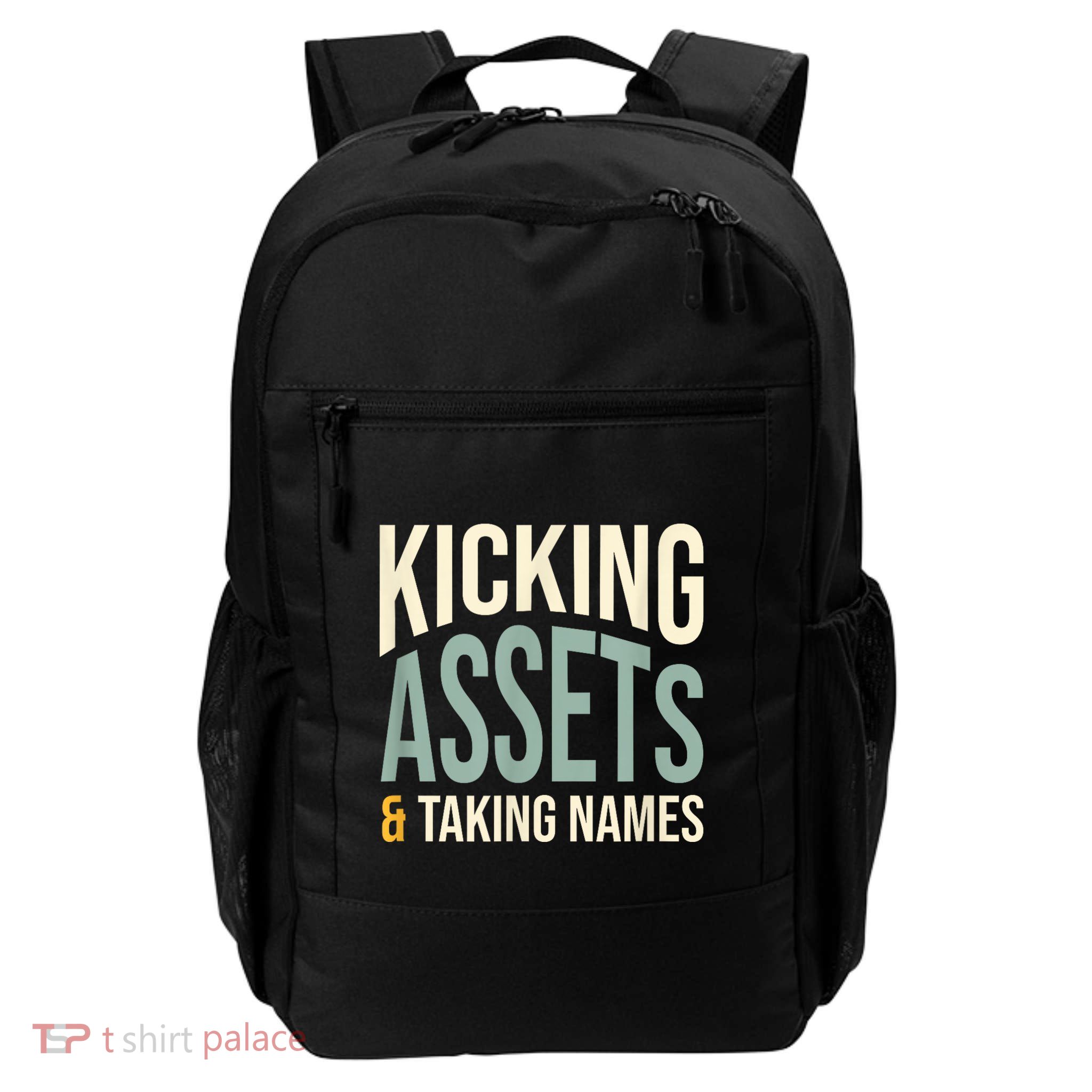 Funny Accounting Pun Kicking Assets And Taking Names Daily Commute Backpack