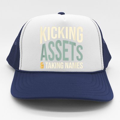 Funny Accounting Pun Kicking Assets And Taking Names Trucker Hat