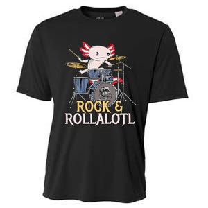 Funny Axolotl Playing Drums Rock Drummer Band Musician Cooling Performance Crew T-Shirt