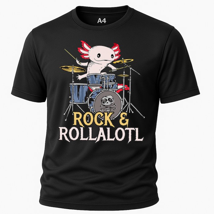 Funny Axolotl Playing Drums Rock Drummer Band Musician Cooling Performance Crew T-Shirt