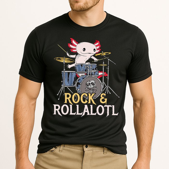 Funny Axolotl Playing Drums Rock Drummer Band Musician Cooling Performance Crew T-Shirt
