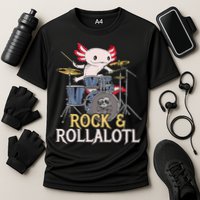 Funny Axolotl Playing Drums Rock Drummer Band Musician Cooling Performance Crew T-Shirt