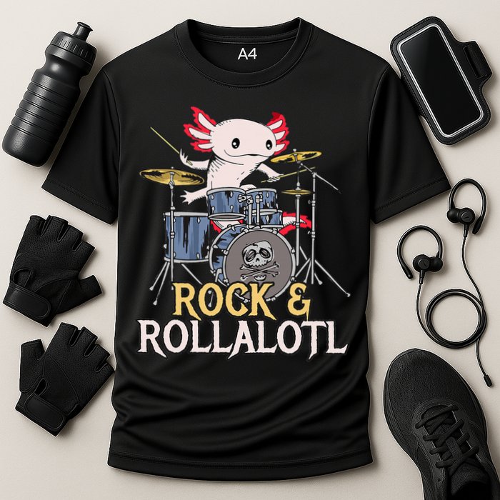 Funny Axolotl Playing Drums Rock Drummer Band Musician Cooling Performance Crew T-Shirt
