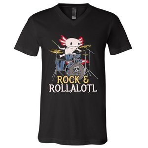 Funny Axolotl Playing Drums Rock Drummer Band Musician V-Neck T-Shirt