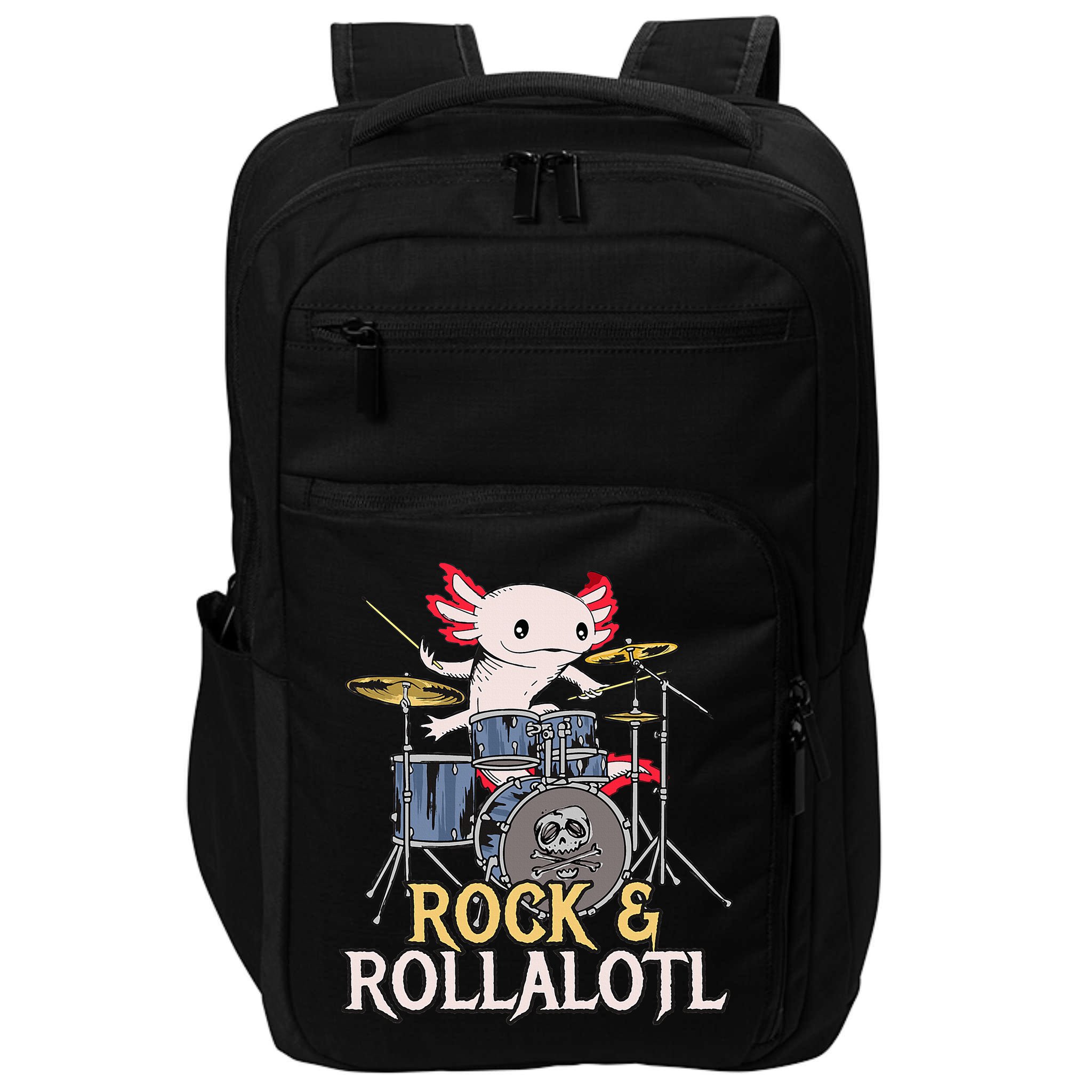 Funny Axolotl Playing Drums Rock Drummer Band Musician Impact Tech Backpack