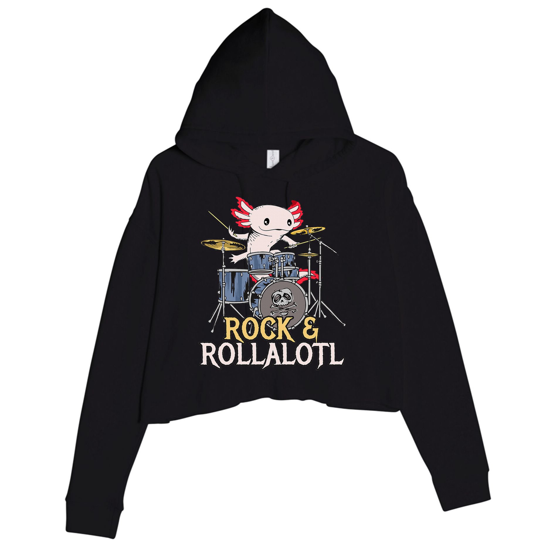 Funny Axolotl Playing Drums Rock Drummer Band Musician Crop Fleece Hoodie