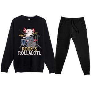 Funny Axolotl Playing Drums Rock Drummer Band Musician Premium Crewneck Sweatsuit Set