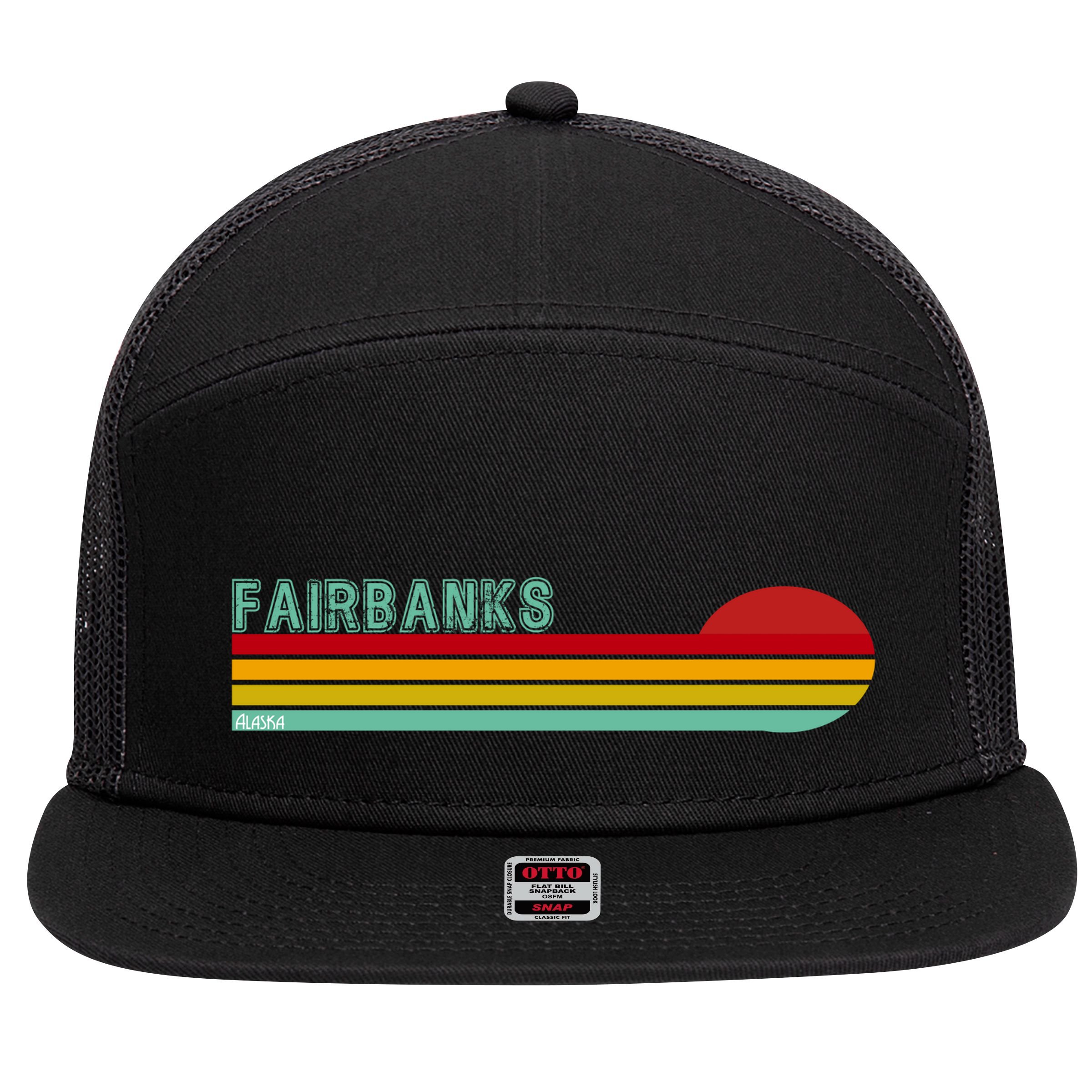 Fairbanks Alaska Retro Sunset 7 Panel Mesh Trucker Snapback Hat