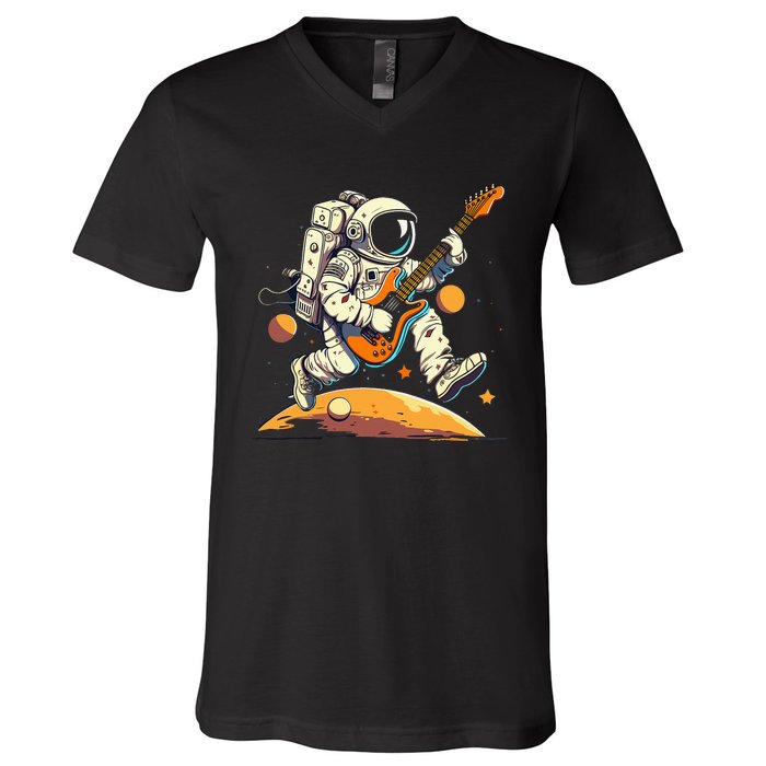 Funny Astronaut Run With Guitar On The Moon V-Neck T-Shirt