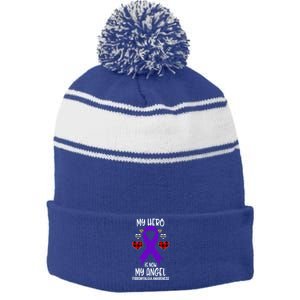 Fibromyalgia Awareness Remembrance Hero Is Now My Angel Gift Stripe Pom Pom Beanie