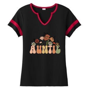 Floral Auntie Retro Groovy Auntie New Auntie Mothers Day Gift Ladies Halftime Notch Neck Tee