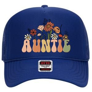 Floral Auntie Retro Groovy Auntie New Auntie Mothers Day Gift High Crown Mesh Back Trucker Hat