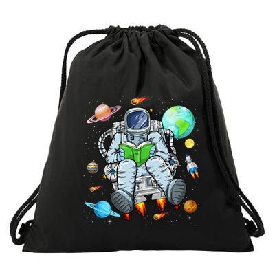 Funny Astronaut Reads Book In Space Outer Space Book Nerds Drawstring Bag