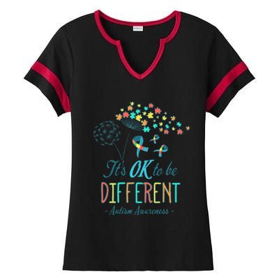 Flower Autism Ribbon Colorful Gifts It's Ok To Be Different Ladies Halftime Notch Neck Tee