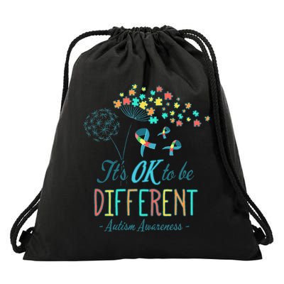 Flower Autism Ribbon Colorful Gifts It's Ok To Be Different Drawstring Bag