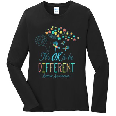 Flower Autism Ribbon Colorful Gifts It's Ok To Be Different Ladies Long Sleeve Shirt