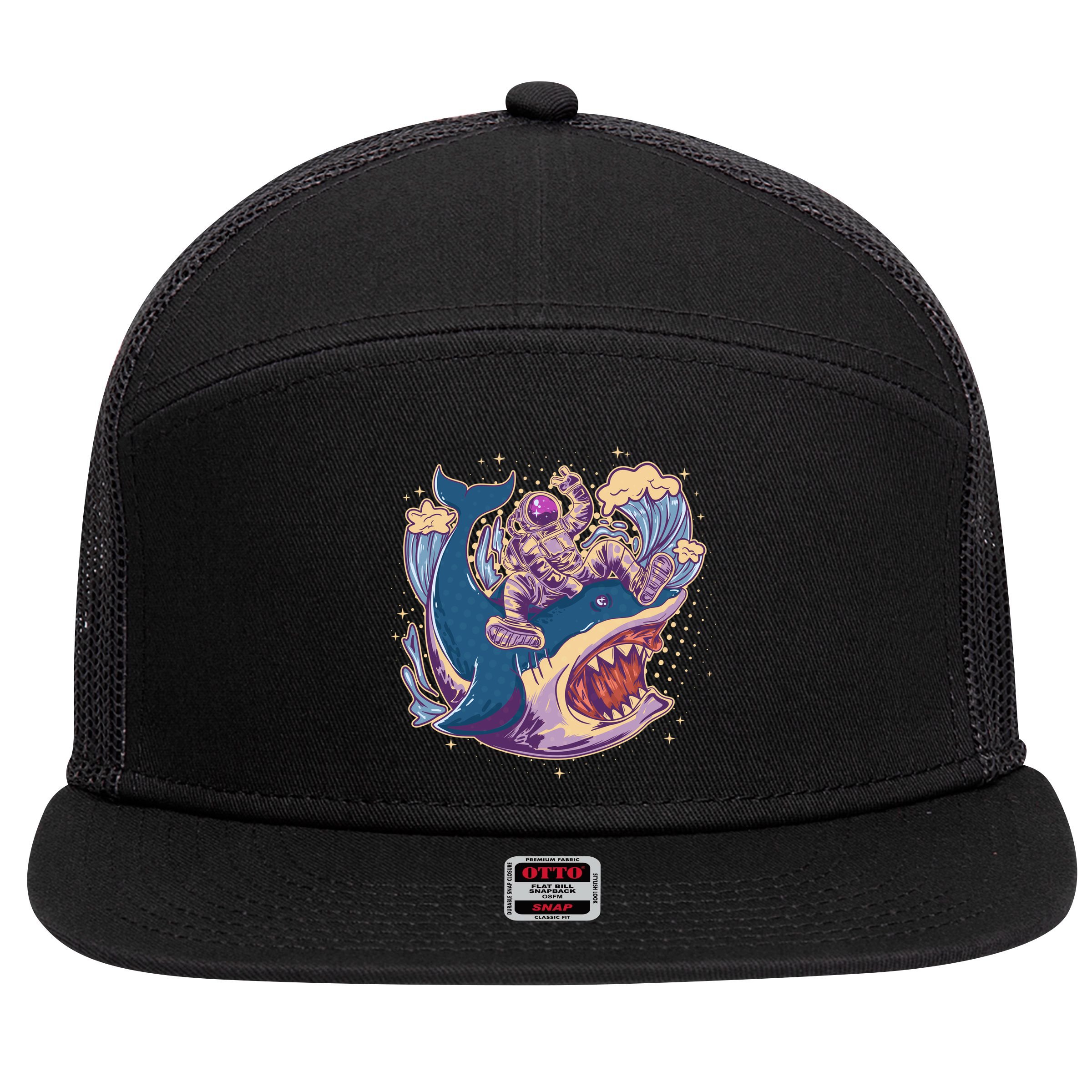 Funny Astronaut Riding Shark 7 Panel Mesh Trucker Snapback Hat