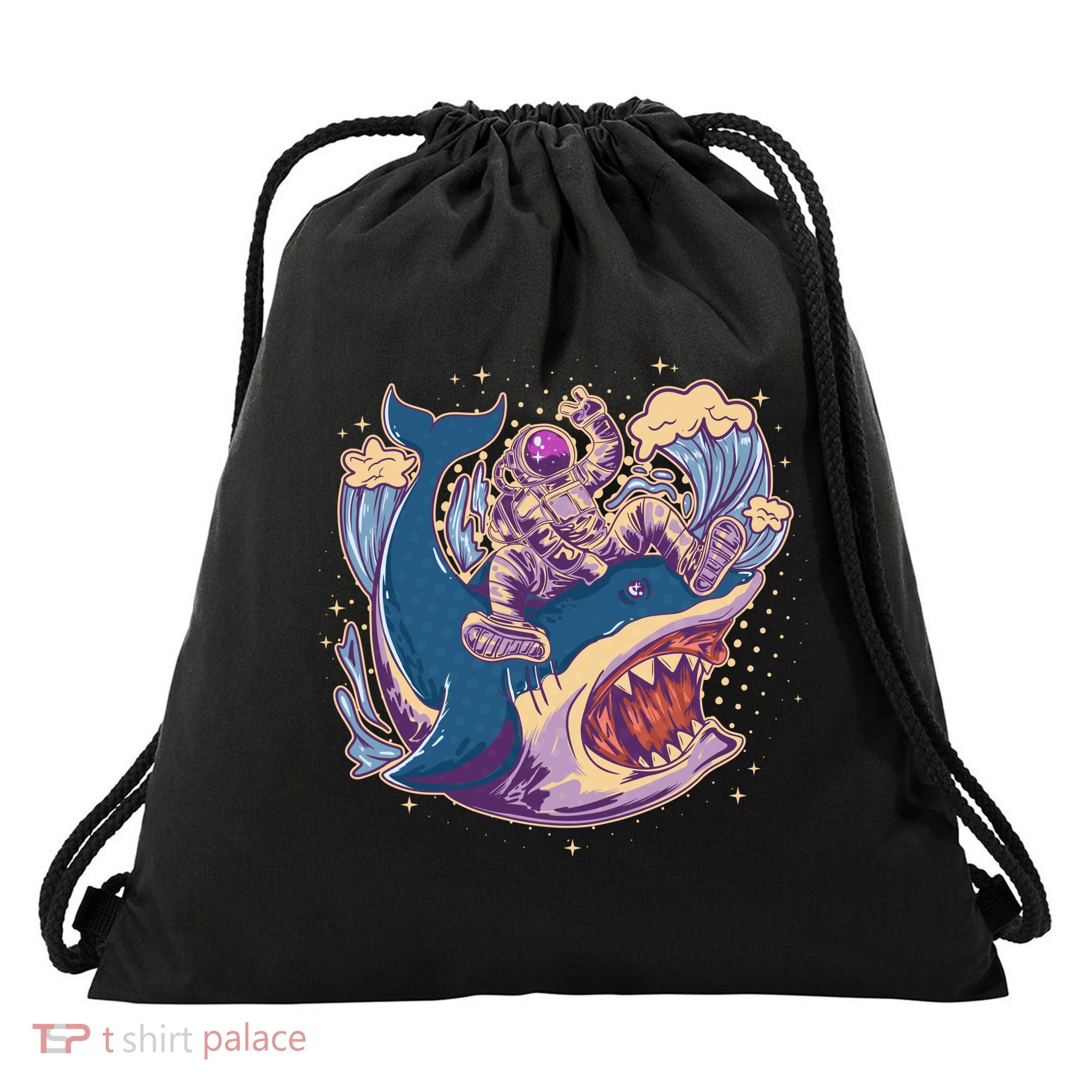 Funny Astronaut Riding Shark Drawstring Bag