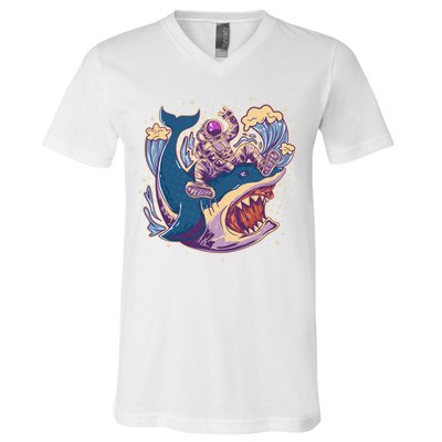 Funny Astronaut Riding Shark V-Neck T-Shirt