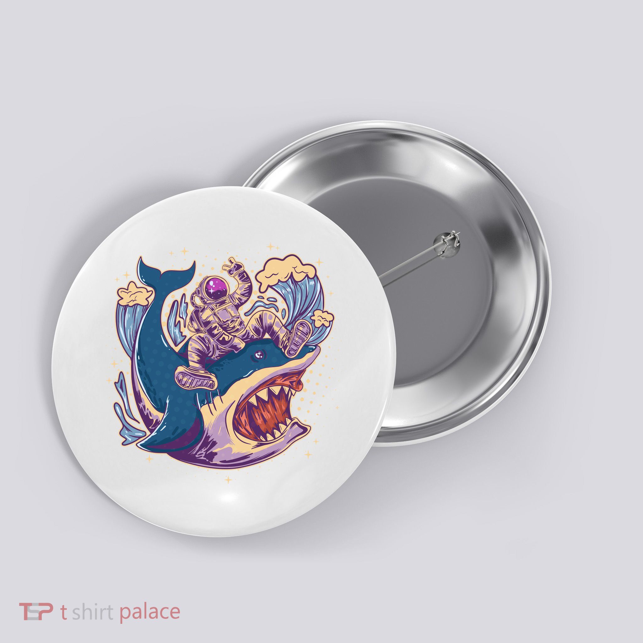 Funny Astronaut Riding Shark Button