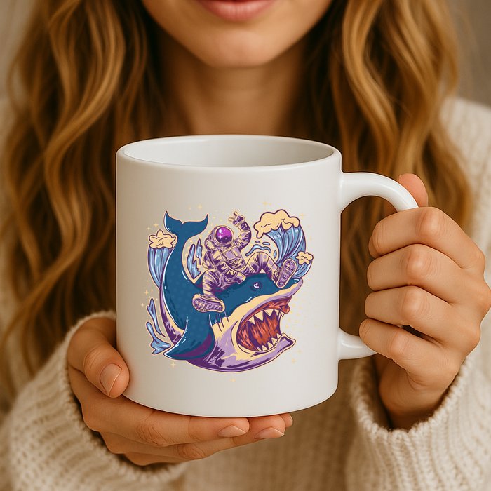 Funny Astronaut Riding Shark Mug