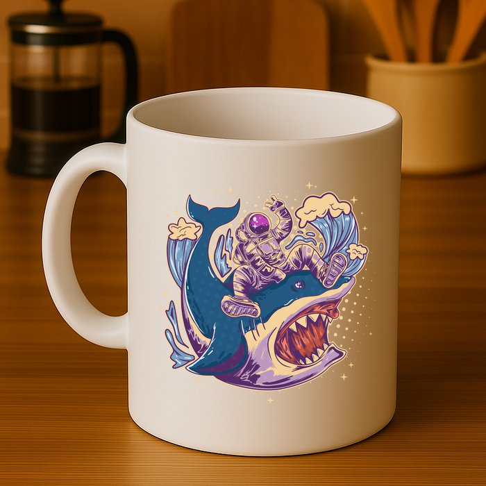 Funny Astronaut Riding Shark Mug