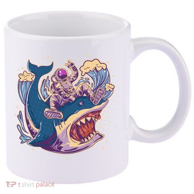 Funny Astronaut Riding Shark 11oz C Handle Ceramic Mug