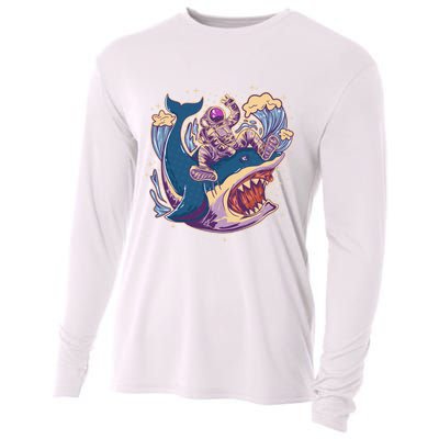 Funny Astronaut Riding Shark Cooling Performance Long Sleeve Crew