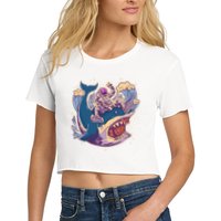 Funny Astronaut Riding Shark Women's Crop Top Tee