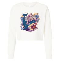 Funny Astronaut Riding Shark Cropped Pullover Crew