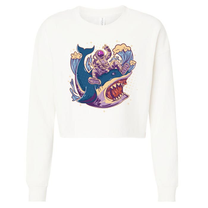 Funny Astronaut Riding Shark Cropped Pullover Crew
