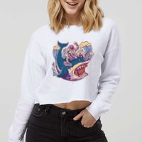 Funny Astronaut Riding Shark Cropped Pullover Crew