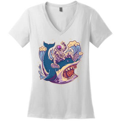 Funny Astronaut Riding Shark Women's V-Neck T-Shirt