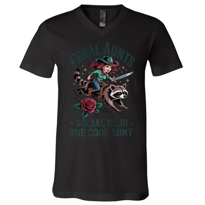 Feral Aunts Social Club The Cool Aunt Pregnancy Raccoon Gift V-Neck T-Shirt