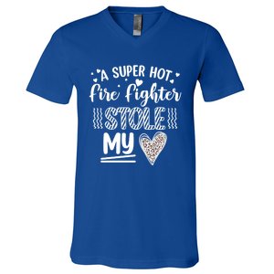 Funny A Super Hot Fire Fighter Stole My Heart Valentines Gift V-Neck T-Shirt